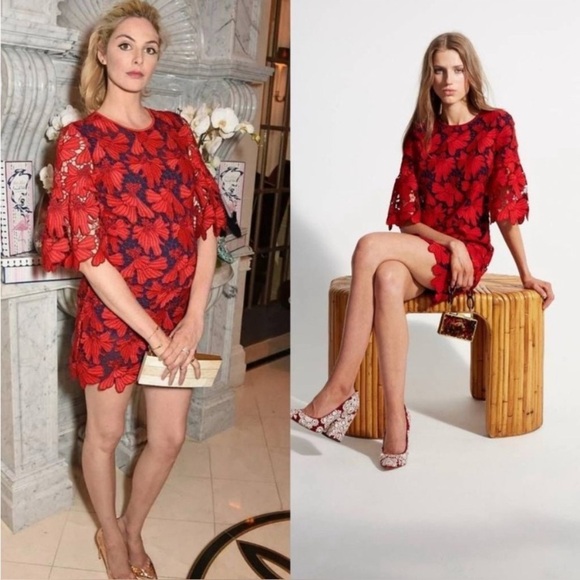 TORY BURCH •RARE• Nicola Guipure Lace Dress In Volcano Red & Navy Blue Size 6 - Picture 4 of 13